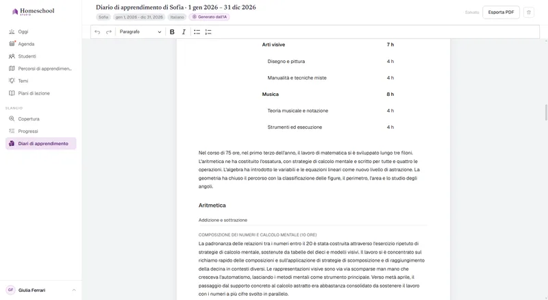 Il Diario di apprendimento di Sofia: un racconto scritto di ciò che ha davvero imparato, organizzato per materia, pronto da modificare ed esportare in PDF.