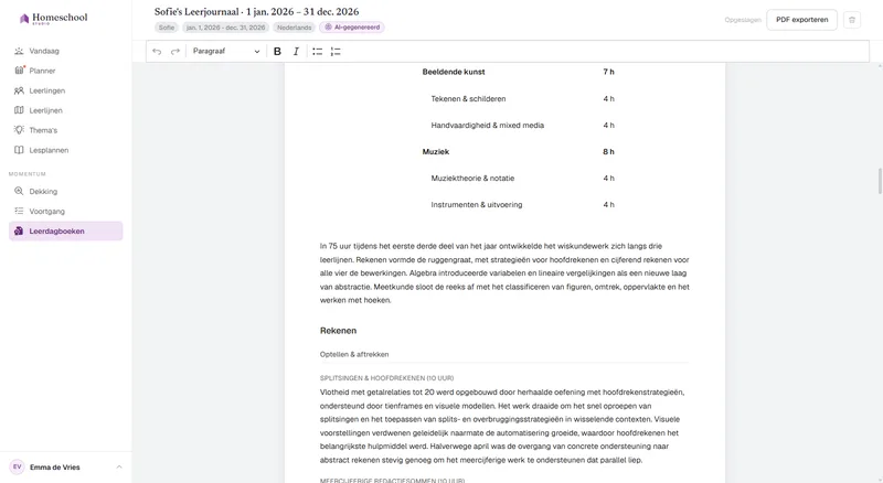 Sofie's Leerdagboek: een geschreven verhaal van wat ze echt heeft geleerd, geordend per vak, klaar om te bewerken en als PDF te exporteren.