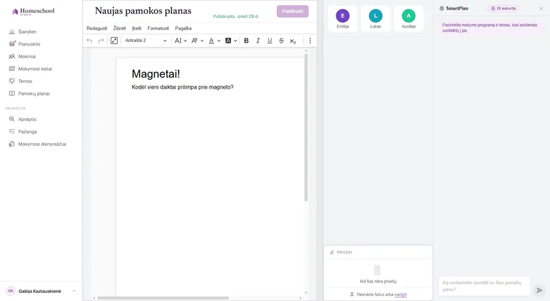 Beveik tuščias pamokų planas redaktoriuje – atskaitos taškas prieš SmartPlan parengiant turinį už tave.