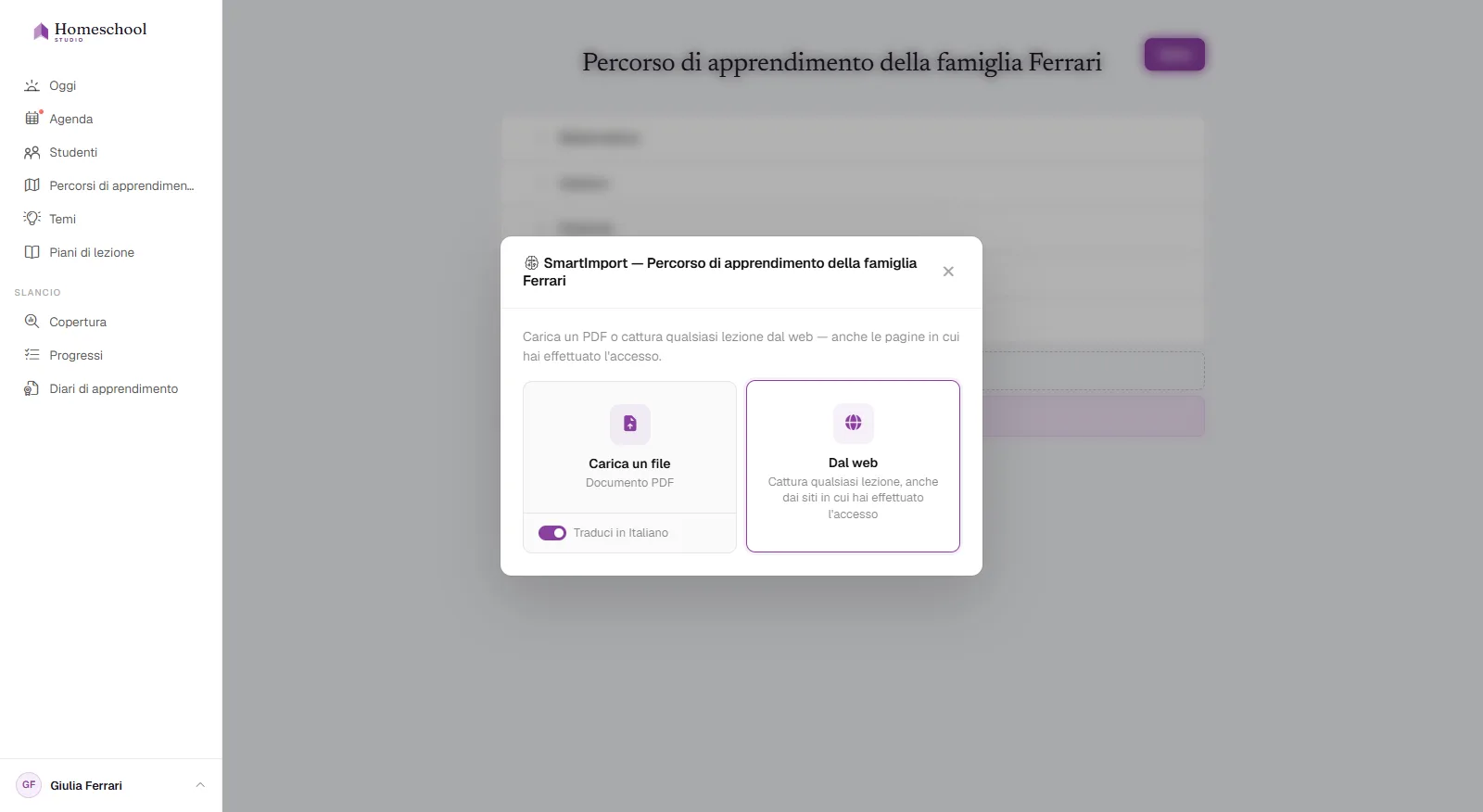 La finestra di SmartImporter: trascina un PDF, un Word o un foglio di calcolo – oppure cattura una lezione dal web – con un interruttore per tradurre, e la struttura del programma viene costruita per te.